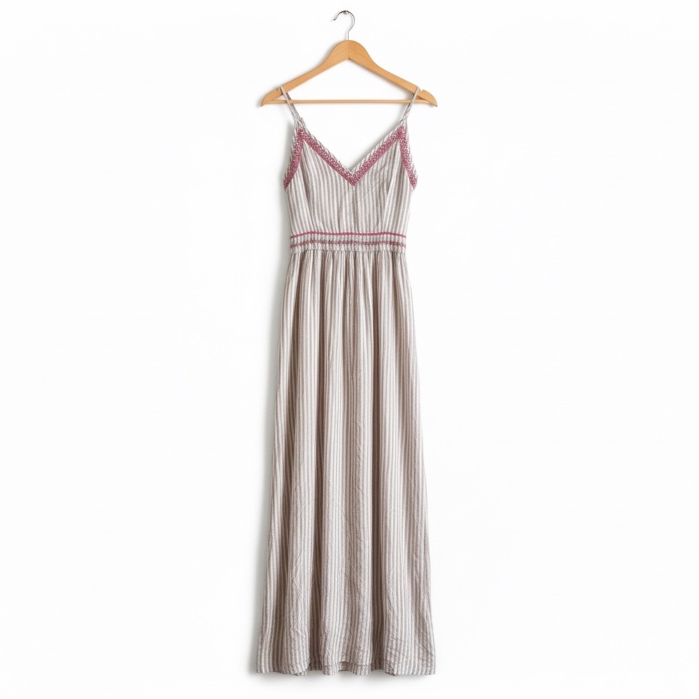 Joyana Smocked Maxi Sundress Boho Cottagecore Summer Dress Pink Stripe Medium